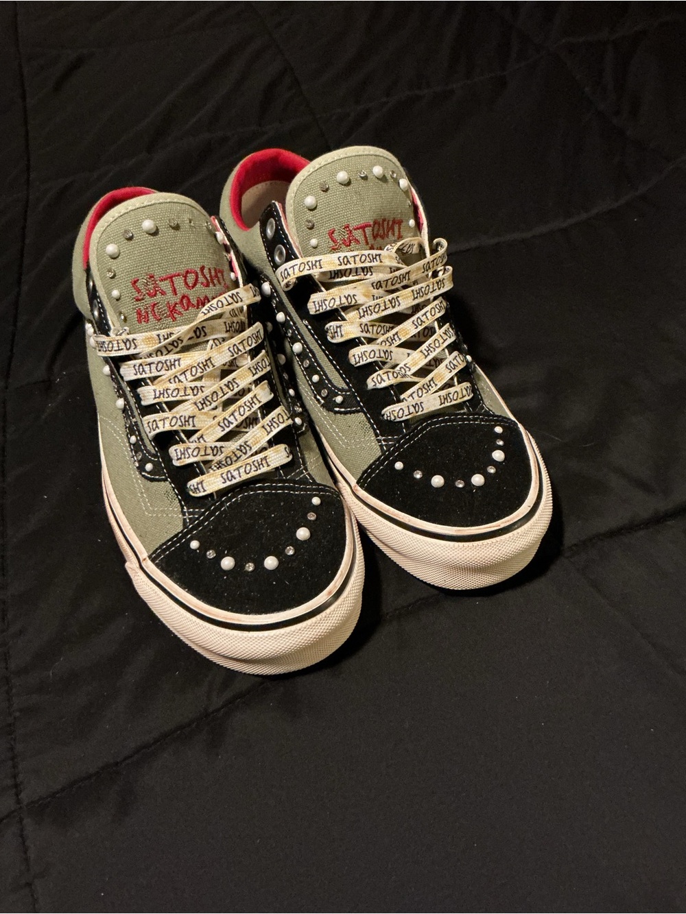 Vans Olive Green and Black Low-Top Sneakers with Pearl Studs